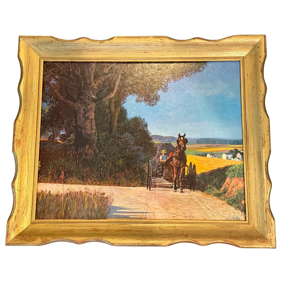 Vintage John Falter Horse and Buggy Days Framed Textured Art Print Gold Gesso